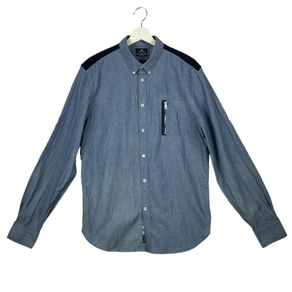 Faconnable Shirt Mens L Chambray Contempory Blue Corduroy Yoke Roll Tab Sleeve